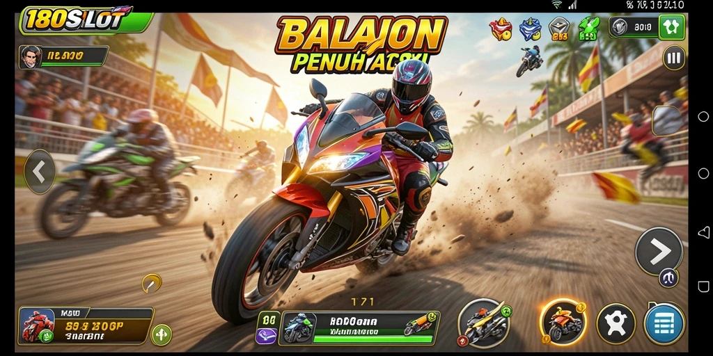 Tampilan gameplay seru dalam 180SLOT dengan balapan motor yang mendebarkan.