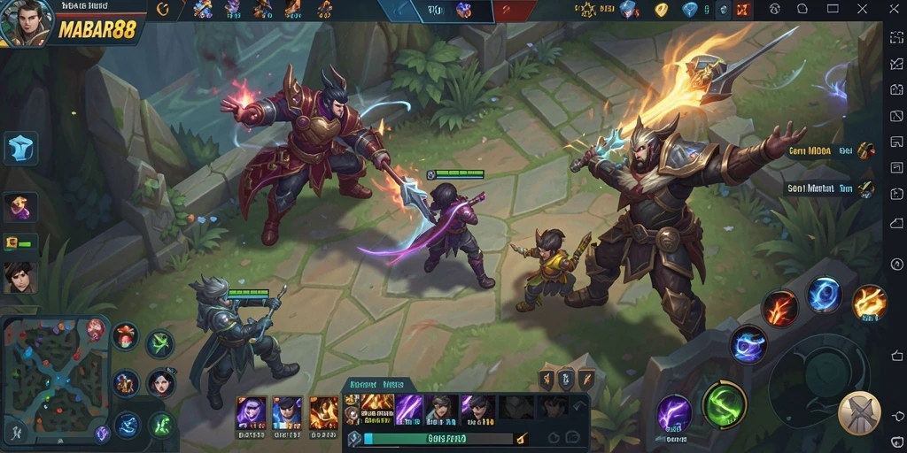 Screenshot gameplay MABAR88 menampilkan pertarungan seru antar tim di arena.