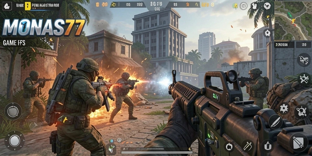 Tampilan aksi mendebarkan dalam gameplay MONAS77 yang penuh strategi FPS.