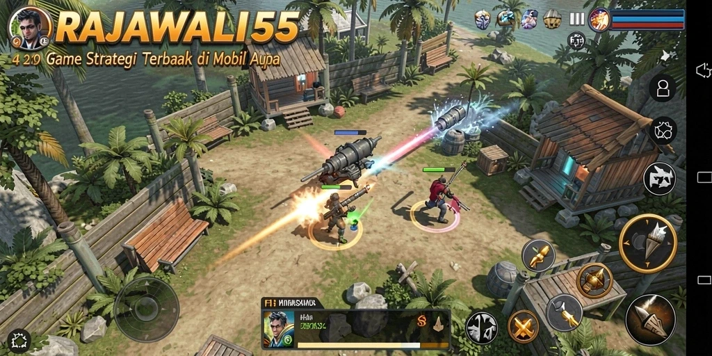 Screenshot gameplay RAJAWALI55 yang menunjukkan pertarungan strategis.