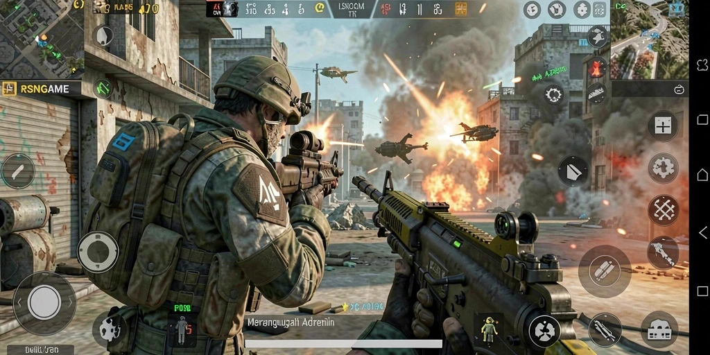 Tampilan utama gameplay RSNGAME dengan aksi menegangkan di medan perang.